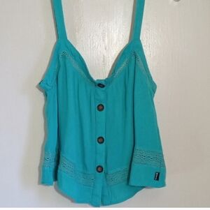 Hurley turquoise baby doll button down tank with crochet detail women size small